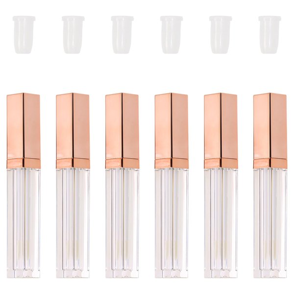 Mini Skater 6pcs 5ML Clear Empty Lip Gloss Tubes With Wand Reusable Refillable Travel Dispenser Bottle Vial With Rubber Stopper Cosmetic Container For Lipstick Balm Lip Glaze DIY Making (Rose Gold)