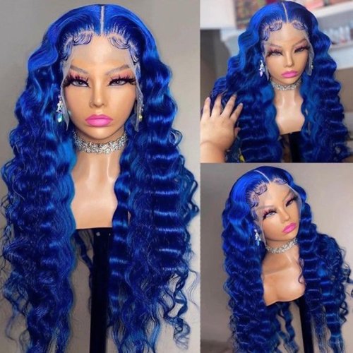 WKIPYCPK Blue Lace Front Wig Long Wavy Hair Navy Blue Wigs for Black Women Glueless 24 Inch Synthetic Lace Front Wigs Pre Plucked Hairline