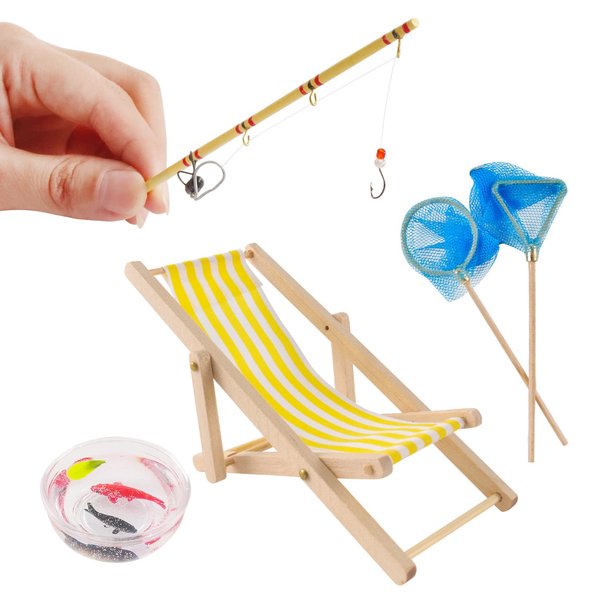 5 Pieces Miniature Fishing Rod Life Scene Dollhouse Decoration Fish Bowl Fishing Net Miniature Fishing Accessories