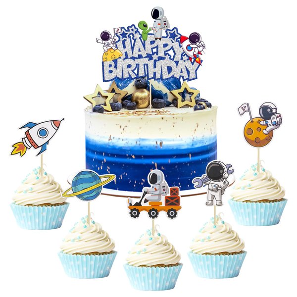 Gyufise 21Pcs Space Cupcake Toppers Planet Rocket Spaceship Trip to the Moon Space Birthday Cake Toppers for Universe Outer Space Theme Baby Shower Kids Birthday Party Decorations Supplies