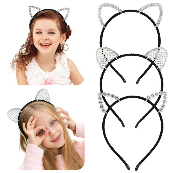Tyqour 3Pcs Rhinestone Cat Ears Headband Glitter Cat Headband Crystal Cat Ear Headband Cute Kitty Ears Headband Shiny Halloween Animal Headbands for Christmas Festivals Cat Cosplay Costume