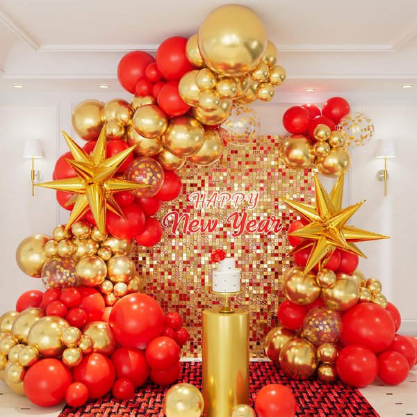 146PCS Red and Gold Balloon Garland Arch Kit, New Years Balloon Arch Kit 2025, Gold Exploding Star Foil Balloons for Happy New Year 2025, Birthday, New Year's Eve Party Decorations