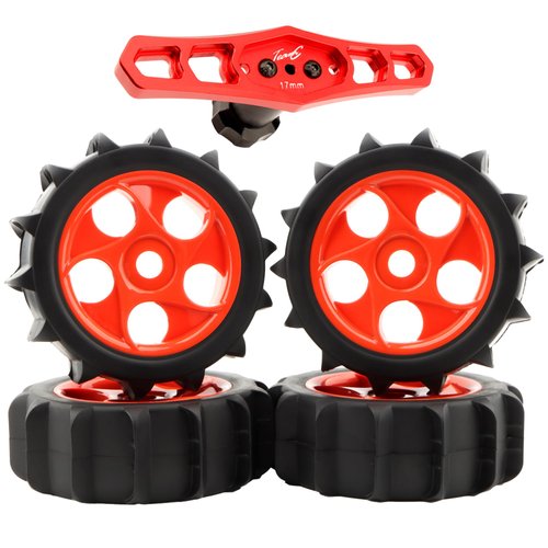 GDOOL 4 Pieces 1/8 Scale RC Buggy Paddle Tires Hex 17mm Wheels & 17MM Hex Nuts Sleeve Wrench Metal Tools for Traxxas Arrma Typhon 3S 6S Losi HPI Redcat Snow Sand Desert Off Road Car (Red)