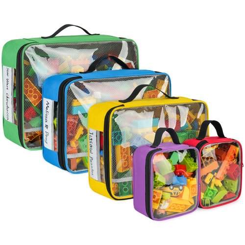 Toy Storage Bags Compatible with Lego Bricks,5 Pcs Travel Toy Organizers for Kids Building Blocks,Toy Car,Puzzles with Mesh Pocket and Tag Pocket