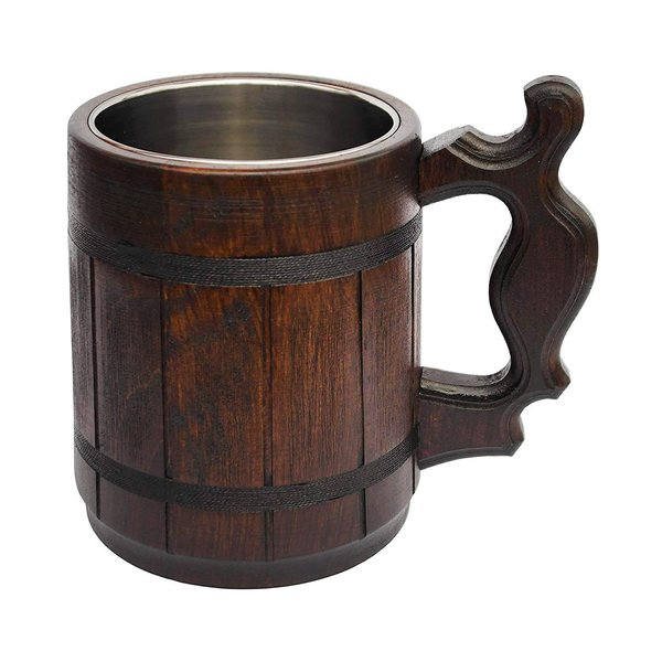 Etno Motif Handmade Wood Mug 20 oz Stainless Steel Cup Carved Natural Beer Stein Old-Fashioned Brown - Wood Carving Beer Mug of Wood Wooden Beer Tankard Capacity: 20oz (600ml) - Great Gift Idea