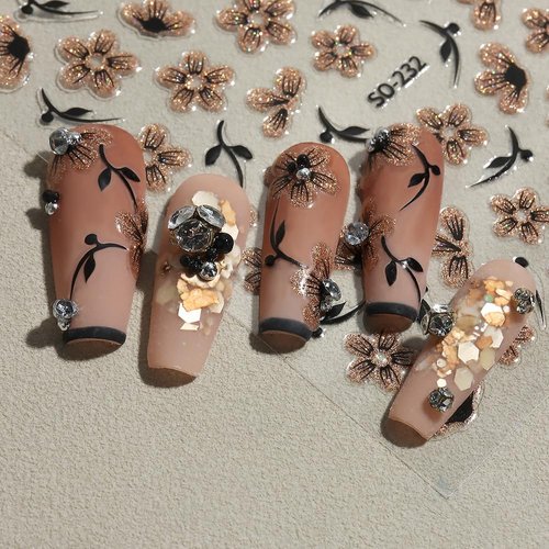 5D Flower Nail Stickers for Nail Art Brown Daisy Gel Nail Stickers Summer Embossed Nail Art Stickers Bling Nail Decals Self-Adhesive Nail Decal with Floral Designs Nail Art Decoration Manicure DIY