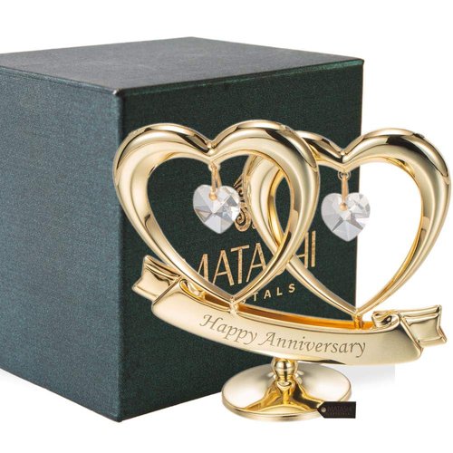 Matashi Gift for Mom - 24K Gold Plated "Happy Anniversary" Inscribed Double Heart Table Top Ornament w/Clear Crystals - Wedding Anniversary Giftss for Her - Cake Topper & Mother's Day Gift
