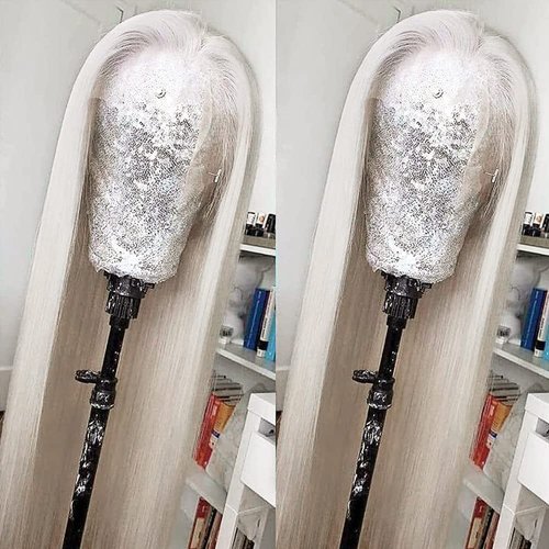 QMSSR Platinum Blonde Lace Front Wigs Long Straight Hair White Wig Heat Resistant Fiber Hair Synthetic Lace Front Wigs for Fashion Women