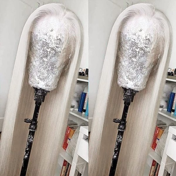 QMSSR Platinum Blonde Lace Front Wigs Long Straight Hair White Wig Heat Resistant Fiber Hair Synthetic Lace Front Wigs for Fashion Women