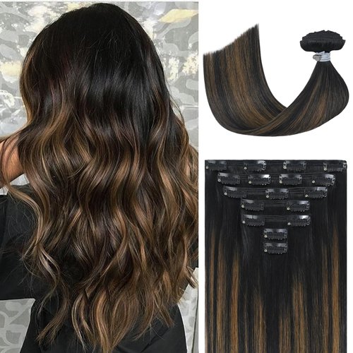 Ukira Hair Extensions Real Human Hair Clip ins, Balayage Hair Extensions 22 Inch 120g Natural Black to Chestnut Brown Seamless Clip in Hair Extensions Natural Straight Remy Human Hair Extensions
