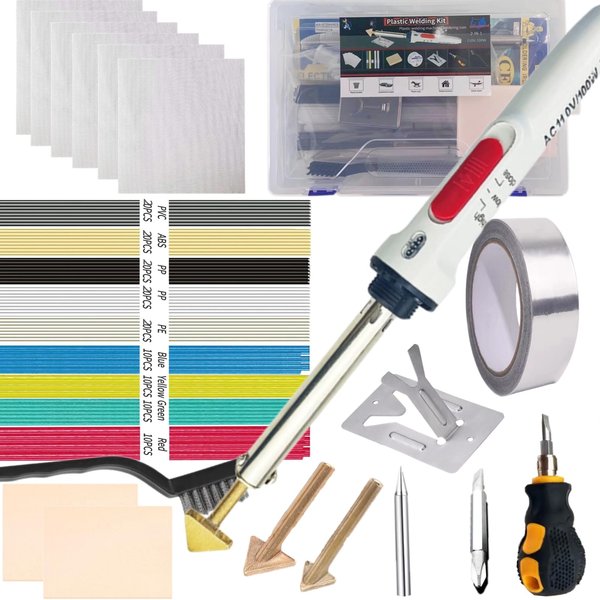 Plastic Welder, 110V/100W Plastic Welding Kit, Plastic Soldering kit for Bumper Kayak Repair-With 100 Rods,3 Tips,6 Wire Mesh,1 Volume Tin Wire,2 Sandpaper,1 Stand,1 Metal Brush,1 Screwdriver (White)