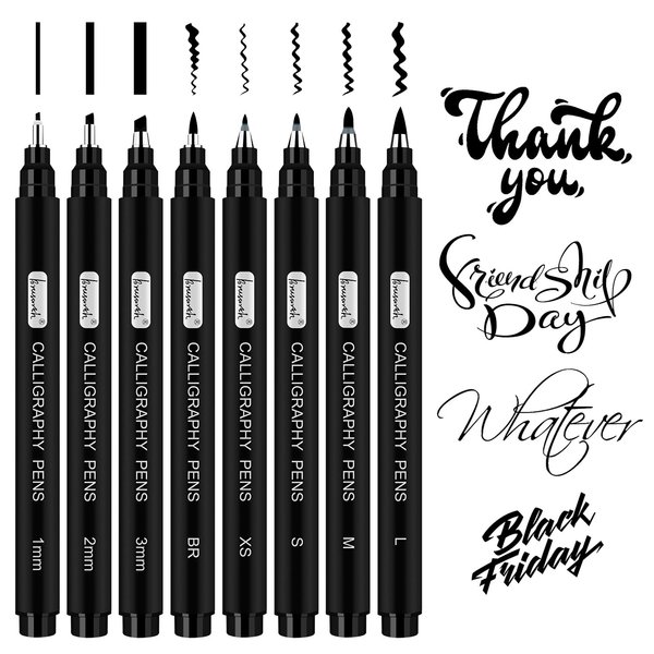 Brusarth Calligraphy Pens, 8 Size Calligraphy Pens for Writing, Brush Pens Calligraphy Set for Beginners, Hand Lettering Pens, Brush Markers Set, Black Ink Drawing Pens
