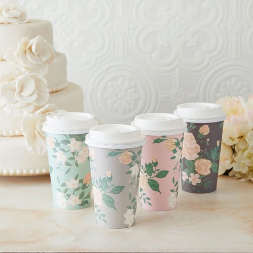 Juvale 24 Pack Disposable Floral Paper Coffee Cups with Lids 16 oz, To Go Coffee Cups for Flower-Themed Birthday Party Supplies, Wedding Reception, Baby Shower (4 Pastel Colors)
