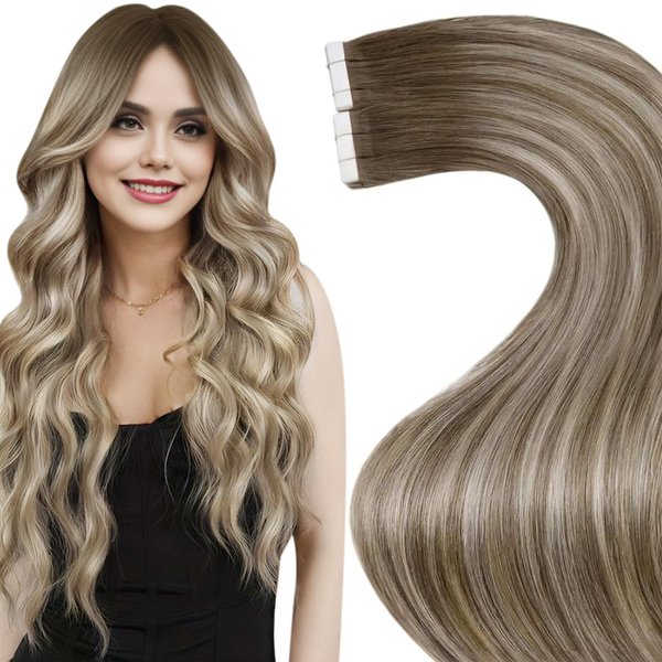 LaaVoo Real Hair Extensions Tape in Human Hair Tape in Extensions Human Hair 40pcs 100g Balayage Ash Brown to Blonde Mix with Platinum Blonde Invisible Tape in Hair Extensions 20 Inch