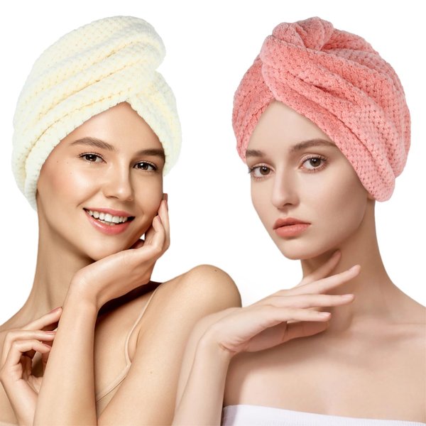 MaopaoBeauty Super Absorbent Hair Towel Wrap for All Hair Long&Thick Hairs Turban Head Wrap with Pineapple Plaid Design Hair Towel Wrap for Women(Beige&Light Pink)