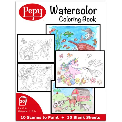 Pepy Watercolor Coloring Book 20 Sheets Total with 10 Plain and 10 Pre-Printed Design Sheets; 9 inches by 12 inches