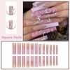MISUD Press on Nails Extra Long Square Fake Nails Glossy Glue on Nails Pink French Tip Acrylic Nails Squoval Artificial Nails Rhinestone Stick on False Nails with Flower Design 24 pcs