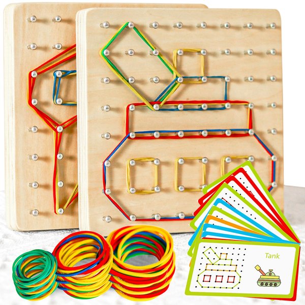 CHEROSIN 2Pack Wooden Geoboard Montessori Toys - Wood Geo Board Manipulative Geoboards for 4 5 6 Year Old Kids with Pattern Cards and Rubber Bands,Educational Peg Board for Boys Girls Ages 3-6