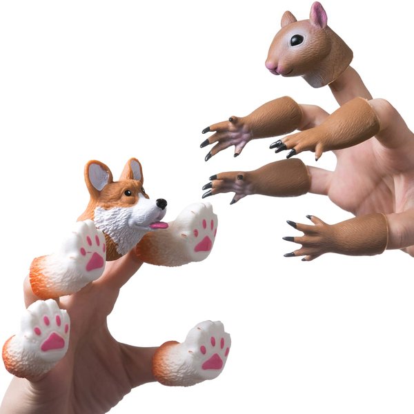 AQKILO Finger Puppet Set, Animals Puppet Show Theater Props, Novelty Toys Weird Stuff Gifts, Pack of Squirrel and Corgi