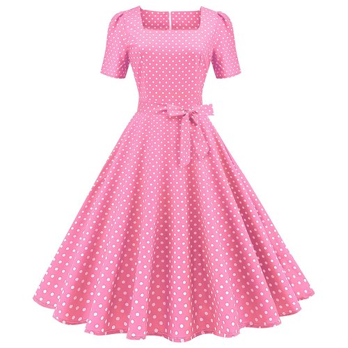 Women 50s 60s Vintage Polka Dot Square Neck Cocktail Swing Dress Short Puff Sleeves 1950s Audrey Hepburn Retro Rockabilly Prom Dress Tie Waist Pleated Wedding Formal Tea Party Gown with Belt Pink M