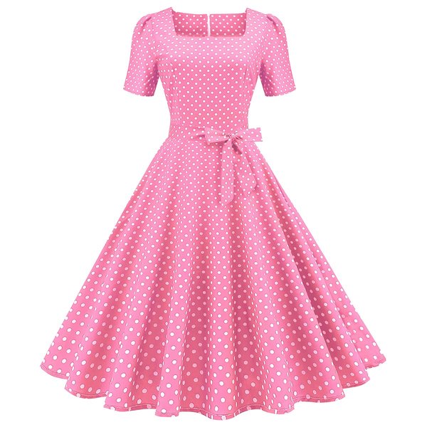 Women 50s 60s Vintage Polka Dot Square Neck Cocktail Swing Dress Short Puff Sleeves 1950s Audrey Hepburn Retro Rockabilly Prom Dress Tie Waist Pleated Wedding Formal Tea Party Gown with Belt Pink M