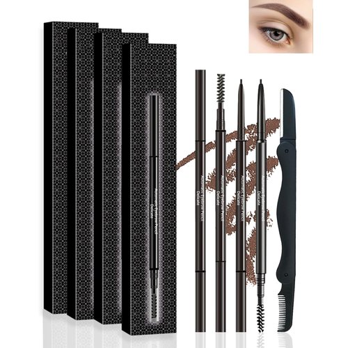 LYSdefeu Eyebrow Pencil - 4 Pcs Professional Micro Brow Pencil Kit with Brow Razor, Longlasting Waterproof Eyebrow Makeup with Dual Ends, Ultra-Fine Mechanical Pencil for Women Eye Makeup – 05 Brown