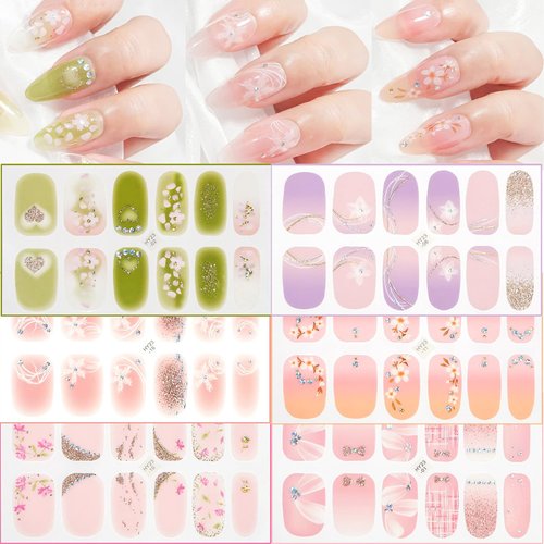 6 Sheets Semi Cured Gel Nail Strips Stickers Flower Nail Wraps Nail Polish Strips Solid Color Nail Polish Spring Floral Gloss Nail Wraps Supplies Full Wrap Nail Polish Decals for Women Manicure Tips