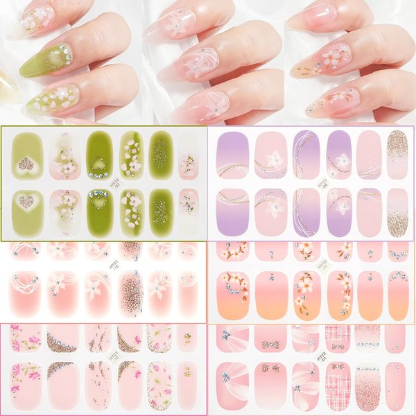 6 Sheets Semi Cured Gel Nail Strips Stickers Flower Nail Wraps Nail Polish Strips Solid Color Nail Polish Spring Floral Gloss Nail Wraps Supplies Full Wrap Nail Polish Decals for Women Manicure Tips