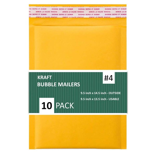 SALES4LESS #4 Kraft Bubble Mailers 9.5X14.5 Inches Shipping Padded Envelopes Self Seal Waterproof Cushioned Mailer 10 Pack,KBMVR_9.5X14.5-10 Gold
