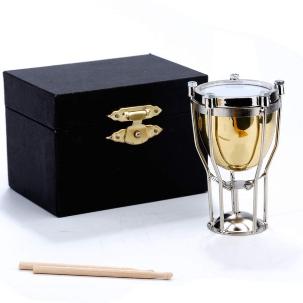 Dselvgvu Copper Miniature Timpani with Stand and Case Mini Musical Instrument Miniature Replica Dollhouse Model Mini Timpani Home Ornament (2.56"x1.57" Timpani)