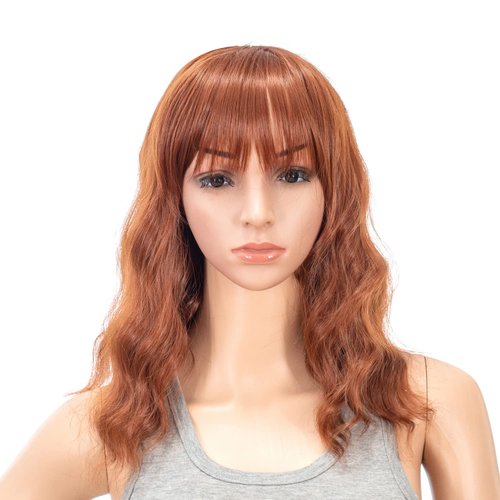 SWACC Short Curly Wavy Bob Wig with Bangs Synthetic Medium Shoulder Length Hair Wig for Women with Wig Cap (Dark Copper Red)