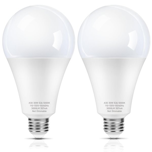 250-300W Equivalent LED Light Bulbs, 3000 Lumens Daylight White 5000K 30W A30 LED Bulbs for Garage, Warehouse, Workshop, Commercial, Office, Backyard, E26 Base Light Bulb Non-Dimmable, 2-Pack
