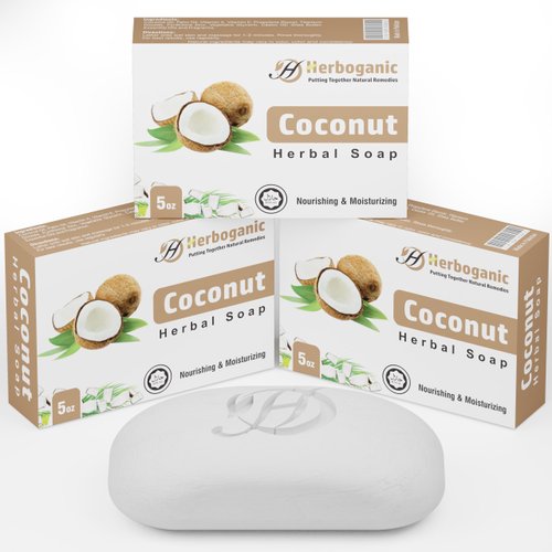 HERBOGANIC Coconut Herbal Soap | Natural Bar Soap for Face and Body | Nourishing and Moisturizing | Infused with Coconut | Gentle for Men and Women | 5 Oz (Pack of 3