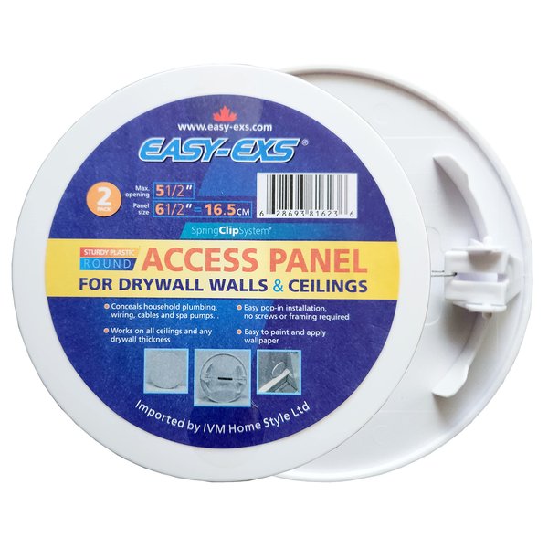 EASY-EXS Access Panel Round 6.5" Spring-Clip (Max Service Opening 5.5") Plastic White (Pack of 2) (Round 6.5")