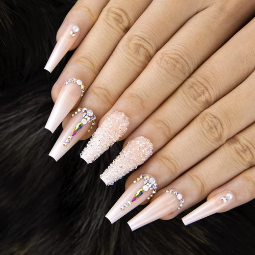 Kikmoya Extra Long Coffin Press on Nails, Crystal Luxury Nails with Silver Opal rhinestones, Pink French Mixed Light Ombre, 24pcs Glossy False Fake Tips, Finger Manicure for Women (K29)