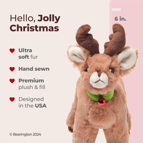 Bearington Jolly Reindeer Stuffed Animal, 6 Inch Christmas Stuffed Reindeer Plush, Ideal Small Christmas Stuffed Animals Gift for Toddlers, Kids & Teens