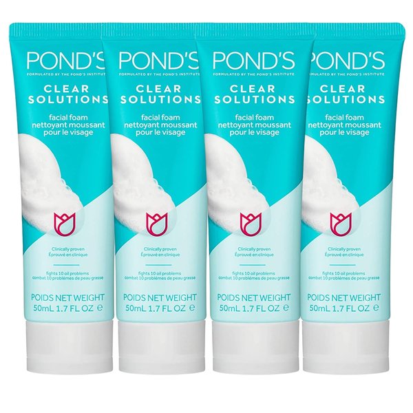 Pond's Clear Solution, Foaming Face Wash, Removes Excess Oil, Face Cleanser, 4-Pack of 1.07 Fl Oz Each