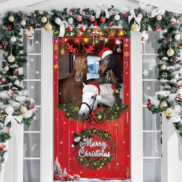 Zhanmai Horse Christmas Door Cover Decorations Fabric Merry Christmas Front Door Cover Farm animal christmas Party Hanging Banner Backdrop for Xmas Holiday New Year Party Supplies, 71 x 35 Inch