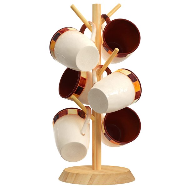 MaxGear Bamboo Coffee Mug Tree,Mug Rack, Coffee Cup Holder for Countertop, Wooden Coffee Cup Holder Stand, Coffee Mug Holder with 6 Hooks