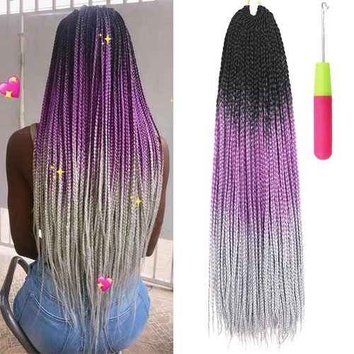 Box Braids Crochet Hair 24 Inch Prelooped Crochet Hair Extensions Hand Made 3 Packs Twist Crothet Braids Hair for Girls and Women Braiding Hair Extensions 22 Strands/Pack (Black-Light Purple-Silver Gray)