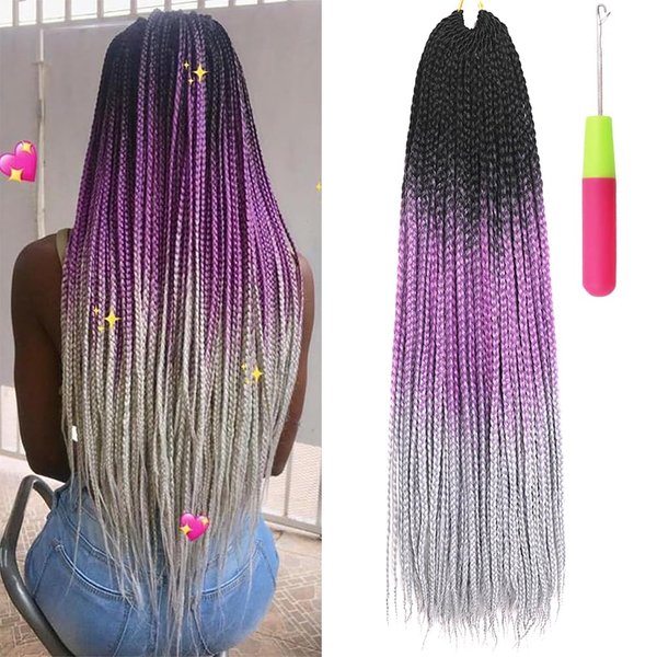 Box Braids Crochet Hair 24 Inch Prelooped Crochet Hair Extensions Hand Made 3 Packs Twist Crothet Braids Hair for Girls and Women Braiding Hair Extensions 22 Strands/Pack (Black-Light Purple-Silver Gray)