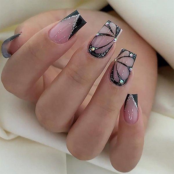 ANDGING Black Press on Nails Short Medium Square French Tip Fake Nails with Butterfly Glitter Rhinestone Design Coffin Glue on Nails for Women Acrylic False Nails with Glue Stick on Nails for Wedding