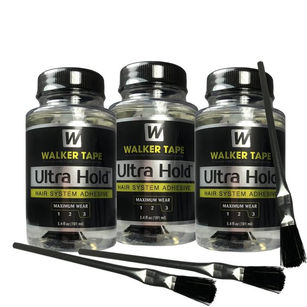 3pcs Ultra Hold Hair System Adhesive 3.4oz w/ 3pcs Brush Applicator Bundle Pack | Waterproof Invisible Long-Lasting | Front Bonding Weave Toupees Wigs Extensions Lace Wig Glue | Bold Hold Adhesive