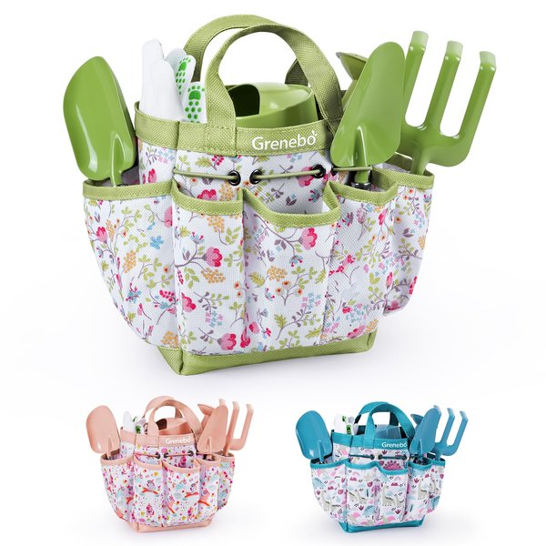 Kids Gardening Set Toys, Quality Garden Tool Kit for Kids and Toddlers, Includes Two Shovels, Garden hat,Rake, Apron,Gloves, Watering Can, and Tool Bag (Green)