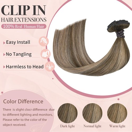 HUAYI Brown Ombre Clip in Hair Extensions Real Human Hair，Medium Brown Ombre to Caramel Blonde Balayage 120g 22 inch Highlights 100% Human Hair Full Head Silky Natural Straight Woman Beauty #4/27/4