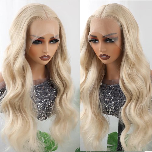 Missyvan Long Blonde Wavy Synthetic Lace Front Wig Middle Part Lace Wigs for Women Body Wave Pre Plucked 13×4 HD Lace Front Wigs Glueless Natural Wave for Daily Party Use