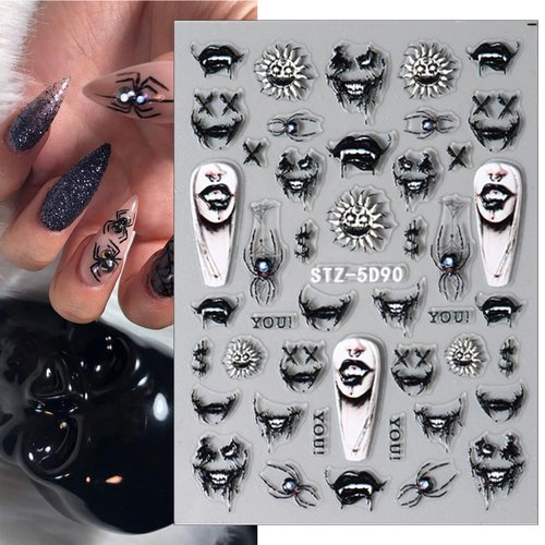 7 Sheets Halloween Skull Nail Art Stickers Scream Ghost Eyes Exquisite 5D Embossed Self-Adhesive Nail Decals Skeleton Clown Design Nail Supplies Spider Nail Art Accessories for Women DIY Decorations