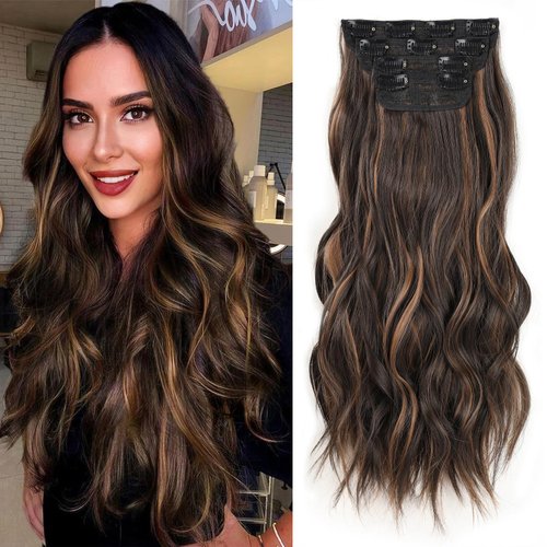 ZRQ 20 Inch Clip in Hair Extensions for Women, Brown Black&Honey Blonde 4PCS Hair Extensions Clip Ins Soft Hair Pieces for Women Thick Long Wavy Hair Extensions #2H426