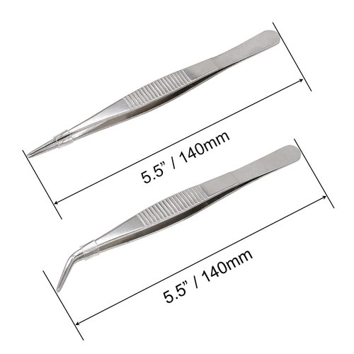 VictorsHome 5-1/2 Inch Stainless Steel Tweezers with Straight and Curved Serrated Tip Multipurpose Forceps for Craft Repairing 2 Pack