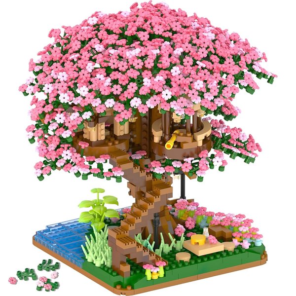 Peach Blossom Pond Micro Building Blocks Set Toys for Kids and Adults, Mini Cherry Bonsai Tree House with LED String Lights DIY Japanese Sakura Street Model Chinese Bricks Architecture Kit Teens Gift